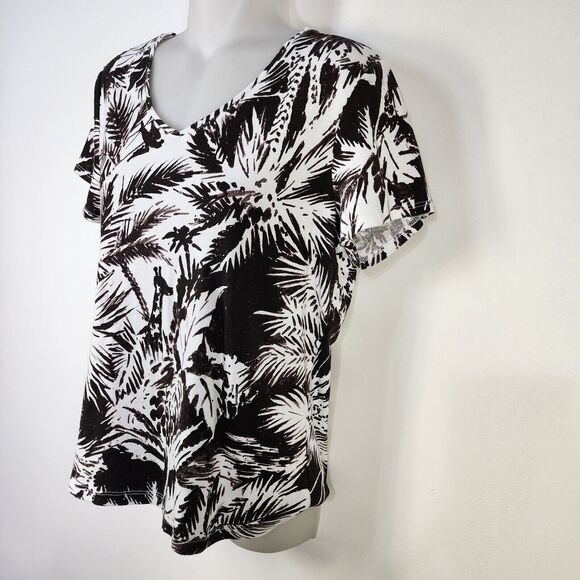 Chico's T Shirt Top Womens Size 1 Small Black White Exotic Palm Print Tropical - Picture 5 of 7